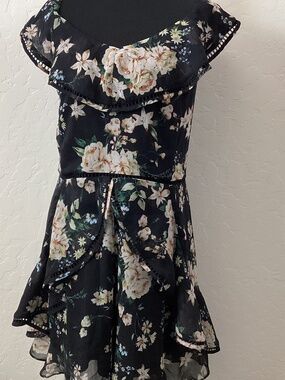 City Chic, NWOT, size M,romper, black background with pink florals, flowy,